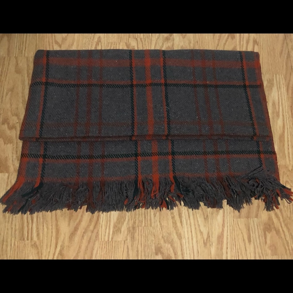 Vtg plaid gray orange  wool throw blanket